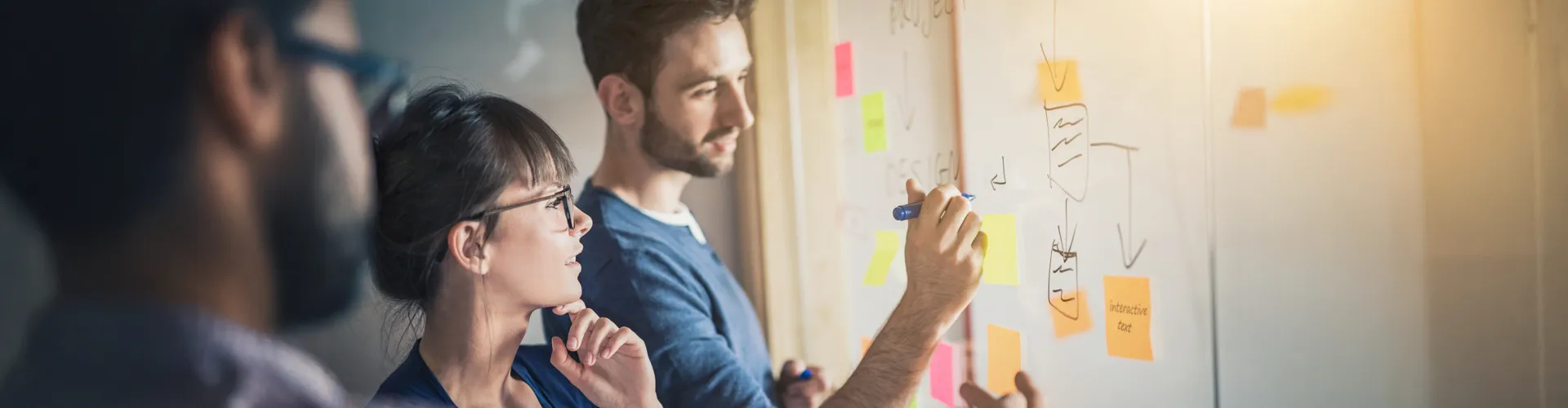 Symbolbild für datenbasierte Content-Strategie mit Team bei der visuellen Planung und Analyse am Whiteboard