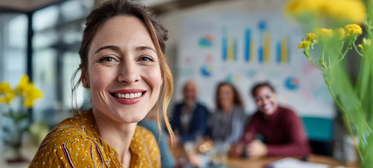 Portrait einer lächelnden Frau vor einem Teammeeting – Symbolbild für Candidate Insights und Personalmarktforschung mit Mitarbeitenden.