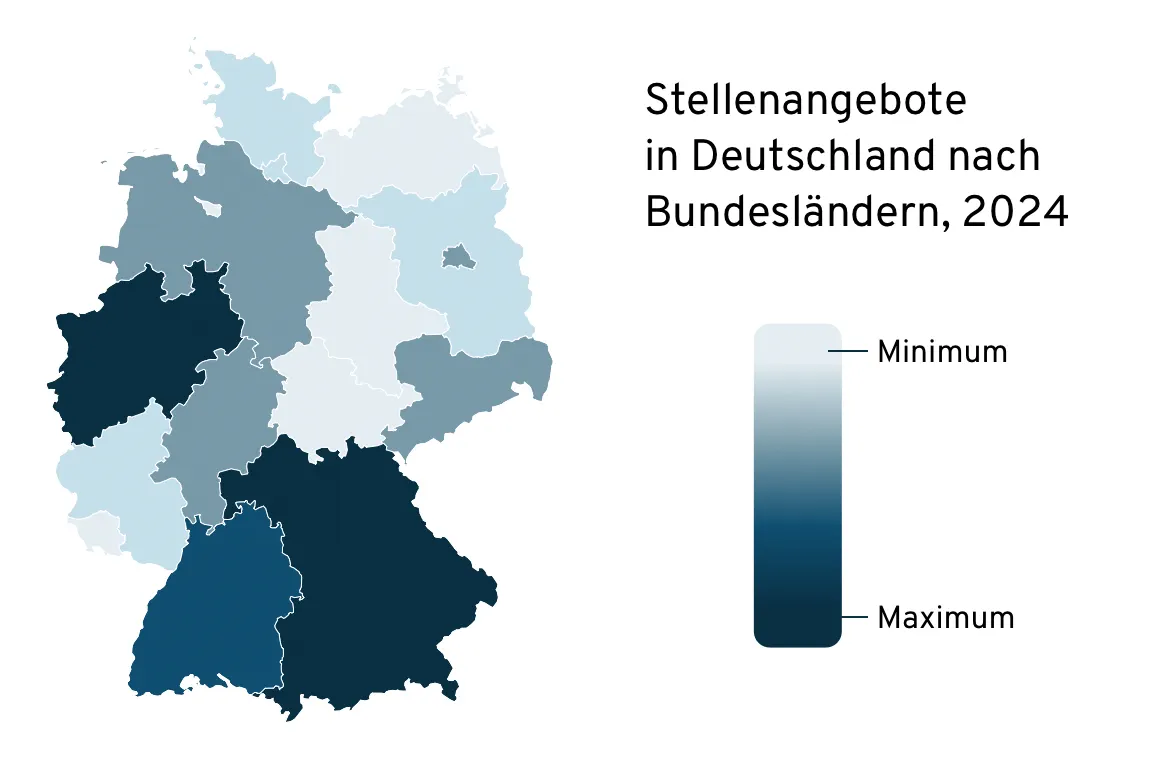 Karte der Arbeitsmarktanalyse mit Stellenangeboten nach Bundesländern in Deutschland im Jahr 2024 zur Darstellung regionaler Unterschiede im Stellenmarkt.